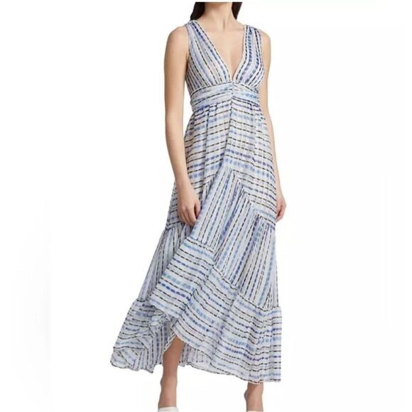Misa Los Angeles Blue White Dominika Striped Chiffon Maxi Dress Size Large - Picture 1 of 10